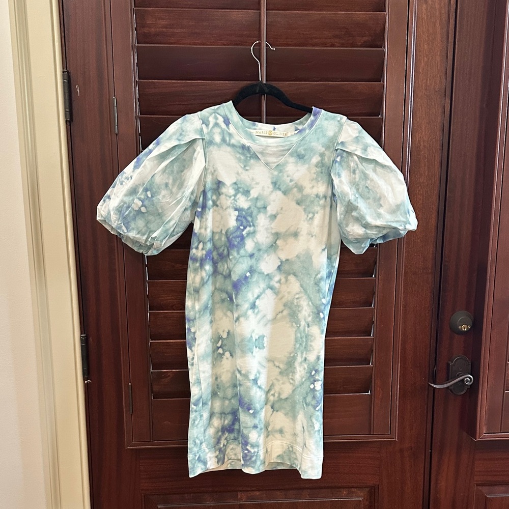 Marie Oliver Blue Tie-Dye Puff Sleeve Tee Dress